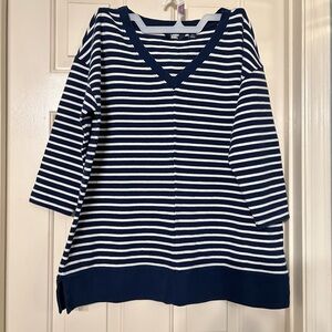 LANDS’ END Blue Striped Cotton Blend V Neck Jersey Knit top Sz. L